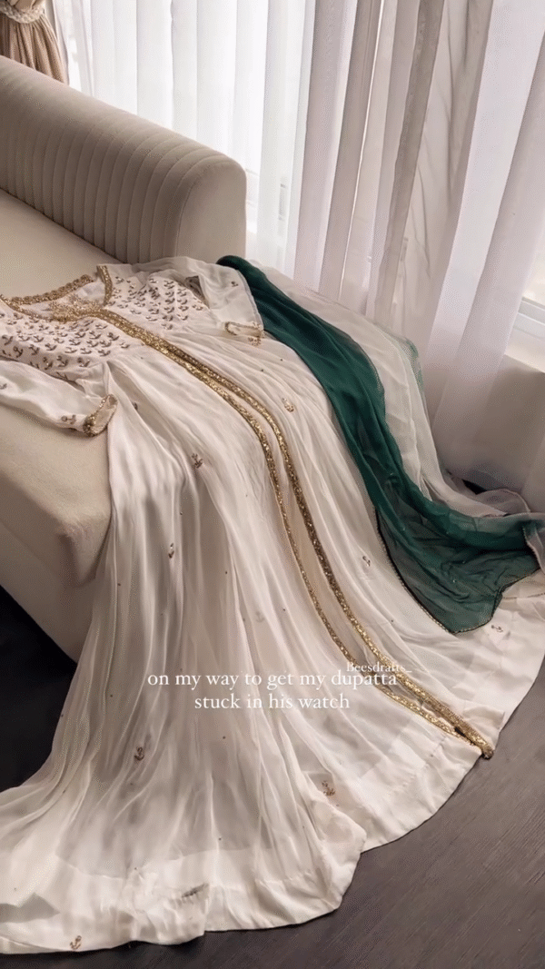 Fancy Cream Color Georgette Thread Sequence Shrug Salwar Suit - Image 3