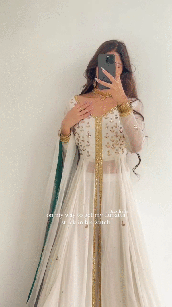 Fancy Cream Color Georgette Thread Sequence Shrug Salwar Suit - Image 10