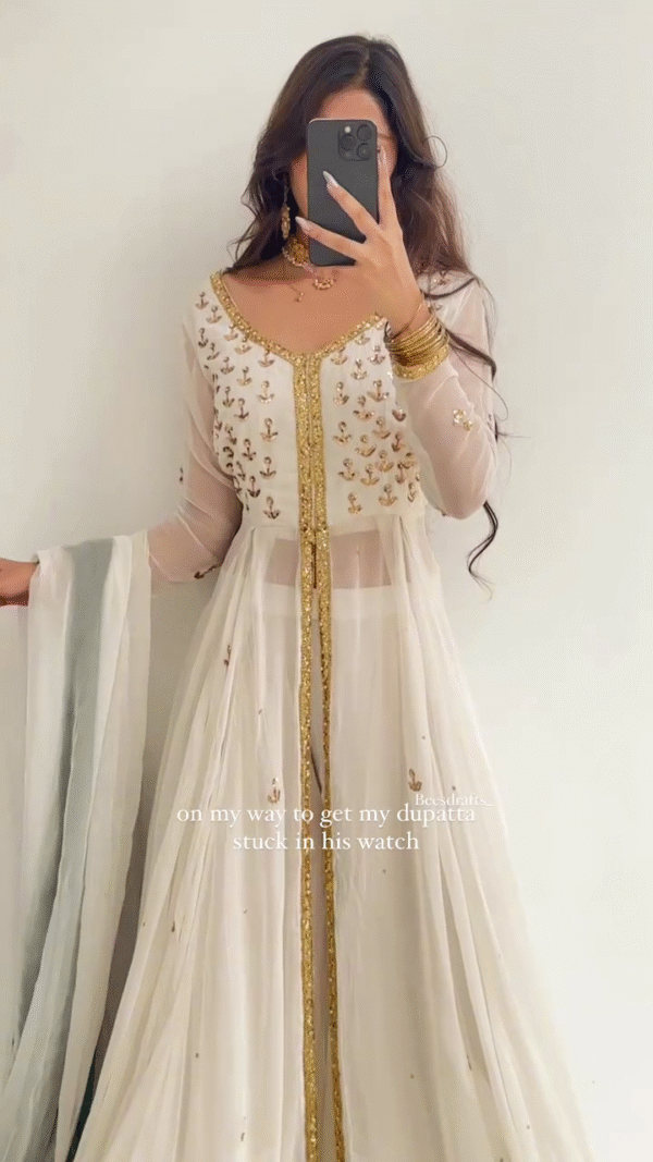 Fancy Cream Color Georgette Thread Sequence Shrug Salwar Suit - Image 6