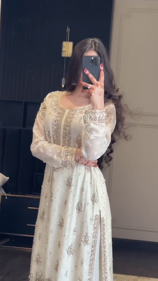 White Premium Embroidered Fox Georgette Suit Set - Image 6