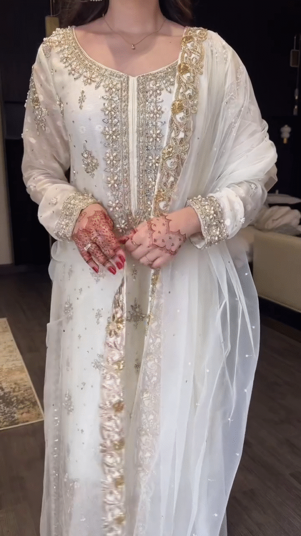 White Premium Embroidered Fox Georgette Suit Set - Image 5