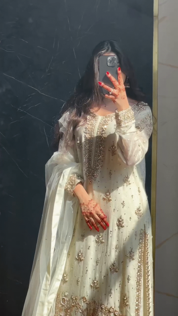 White Premium Embroidered Fox Georgette Suit Set - Image 4